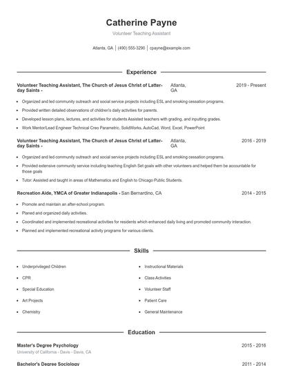 Volunteer Teaching Assistant Resume