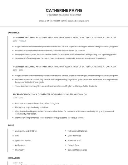 Volunteer Teaching Assistant Resume