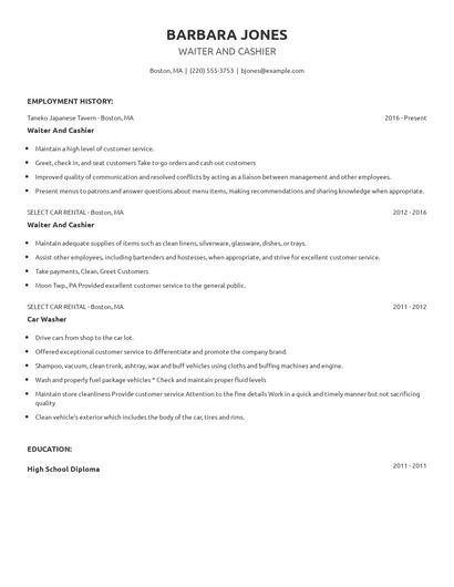Waiter And Cashier Resume