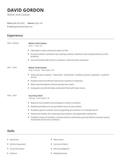 Waiter And Cashier Resume