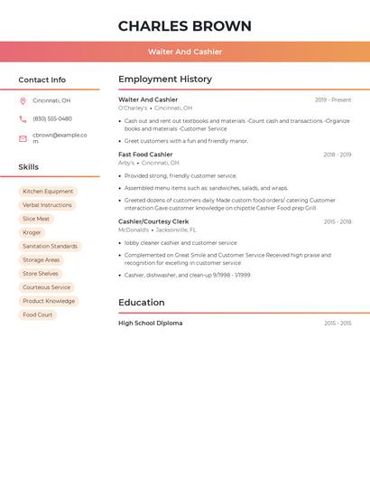 Waiter And Cashier Resume