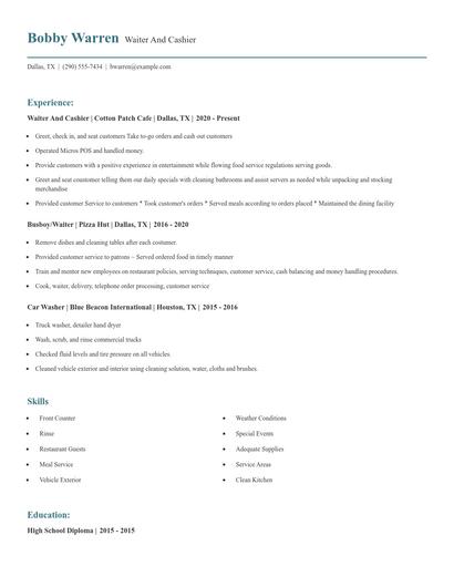 Waiter And Cashier Resume