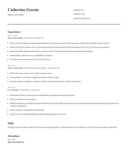 Waiter And Cashier Resume