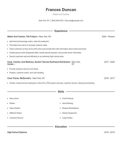 Waiter And Cashier Resume