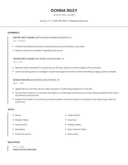 Waiter And Cashier Resume