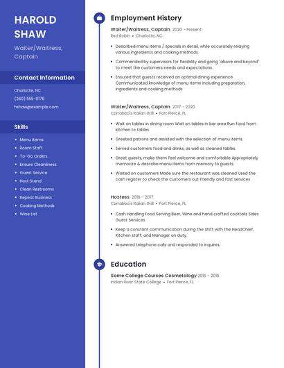 Waiter/Waitress, Captain Resume