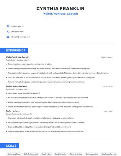 Waiter/Waitress, Captain Resume