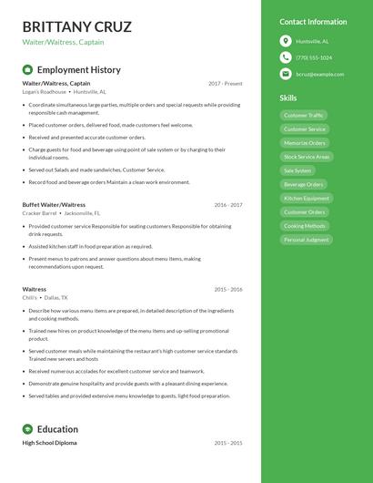 Waiter/Waitress, Captain Resume