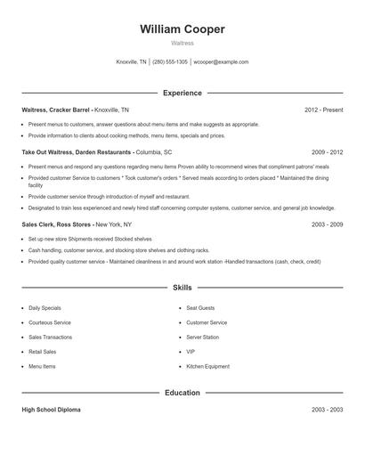 Waitress Resume