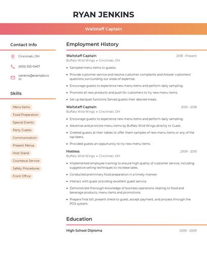 Waitstaff Captain Resume