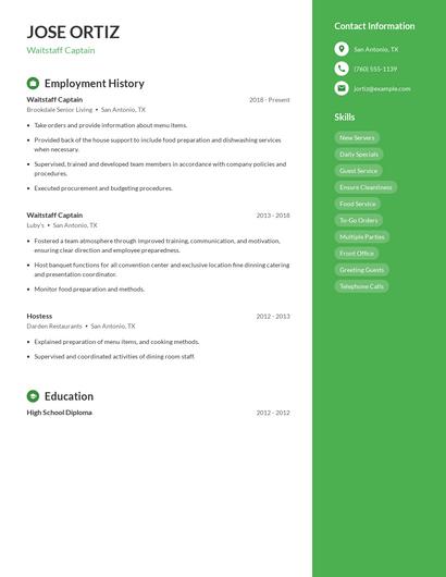 Waitstaff Captain Resume
