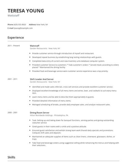 Waitstaff Resume