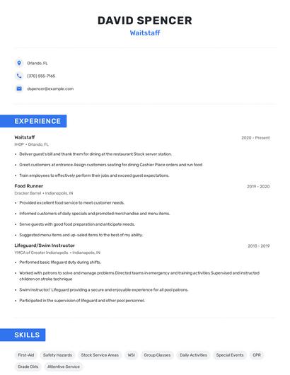 Waitstaff Resume