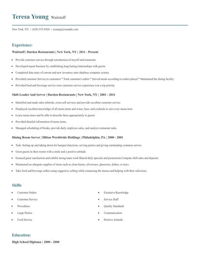 Waitstaff Resume