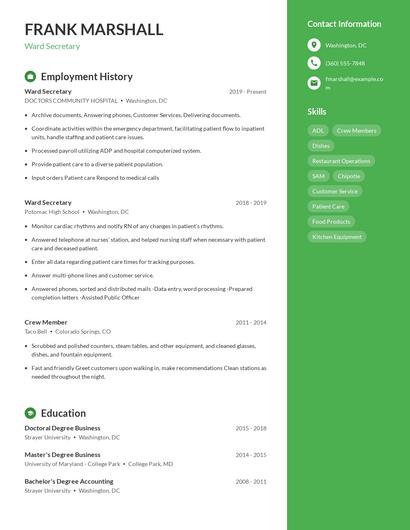 Ward Secretary Resume
