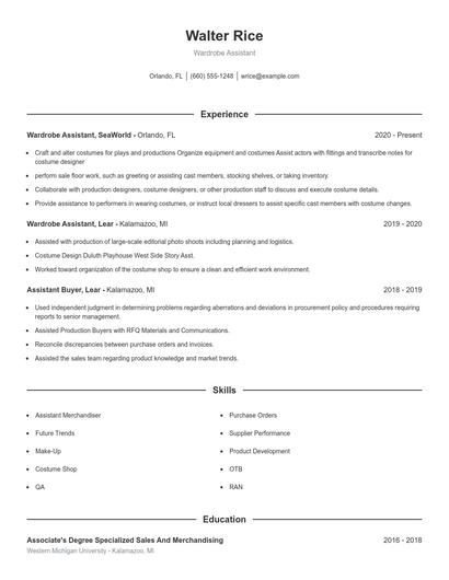 Wardrobe Assistant Resume