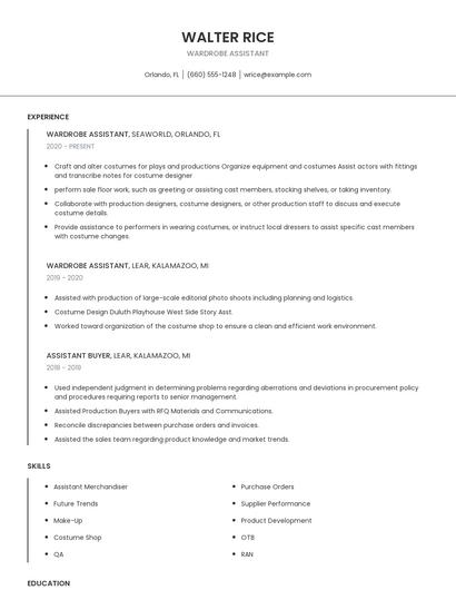 Wardrobe Assistant Resume