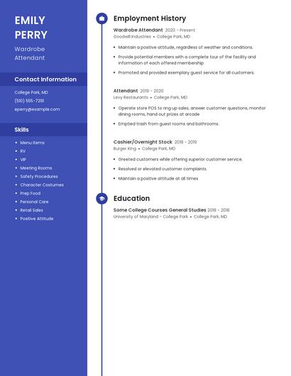 Wardrobe Attendant Resume