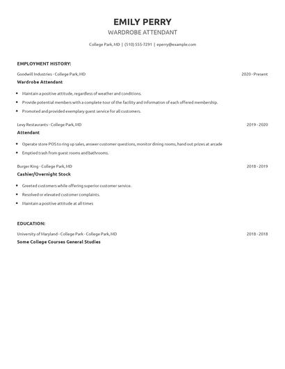 Wardrobe Attendant Resume