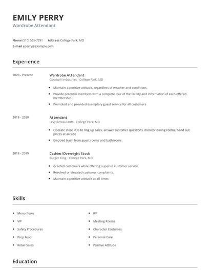 Wardrobe Attendant Resume