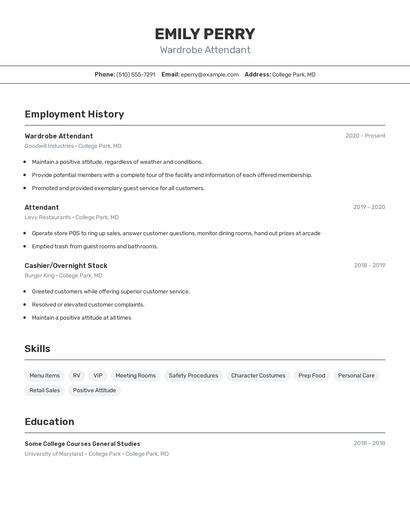 Wardrobe Attendant Resume