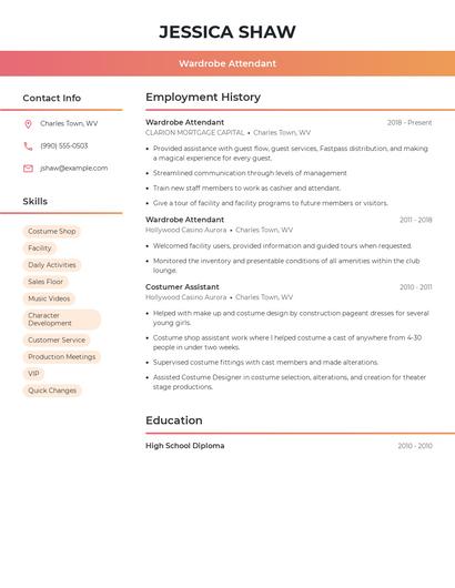 Wardrobe Attendant Resume