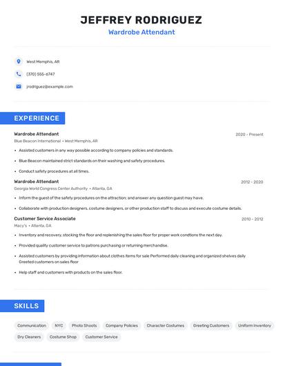 Wardrobe Attendant Resume