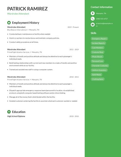 Wardrobe Attendant Resume