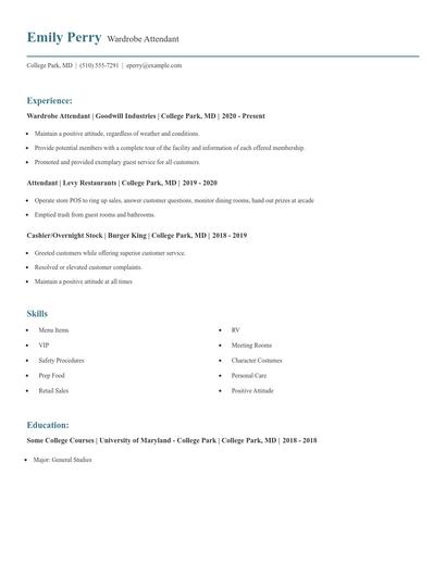 Wardrobe Attendant Resume