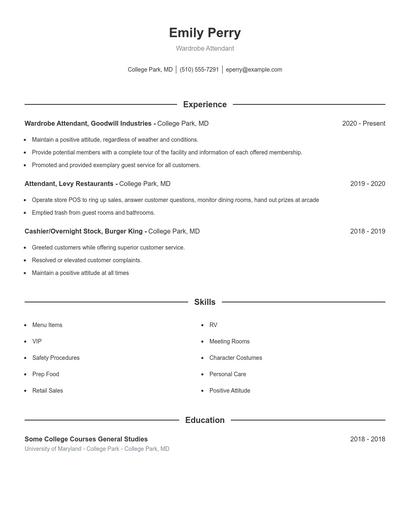 Wardrobe Attendant Resume