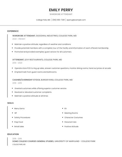 Wardrobe Attendant Resume