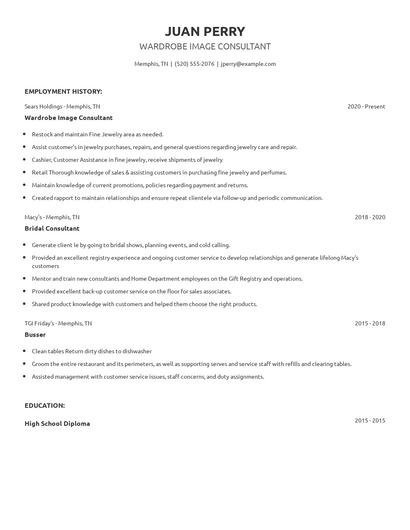 Wardrobe Image Consultant Resume