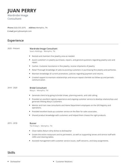 Wardrobe Image Consultant Resume