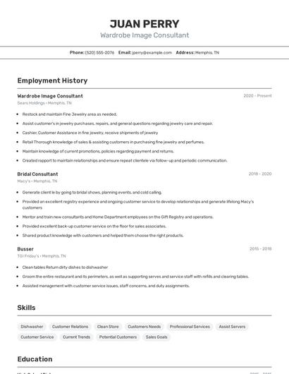 Wardrobe Image Consultant Resume