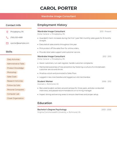 Wardrobe Image Consultant Resume