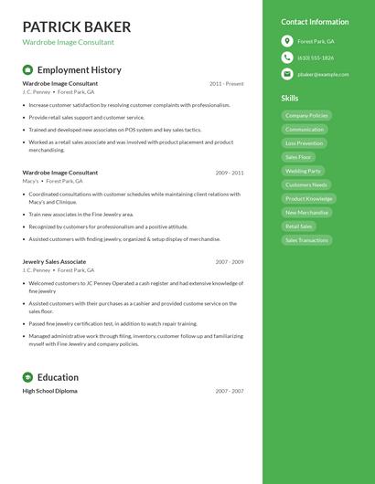 Wardrobe Image Consultant Resume