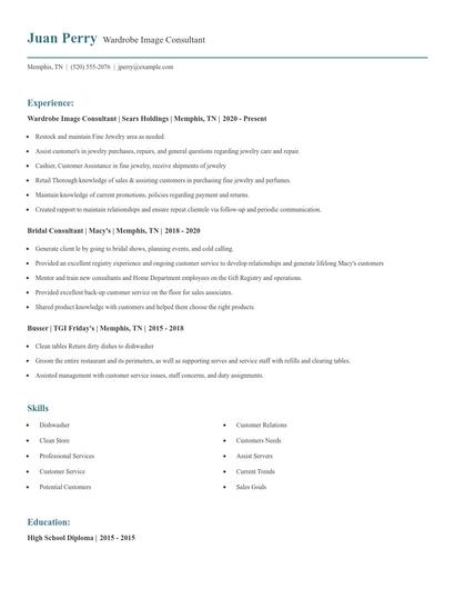 Wardrobe Image Consultant Resume