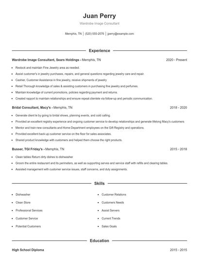 Wardrobe Image Consultant Resume