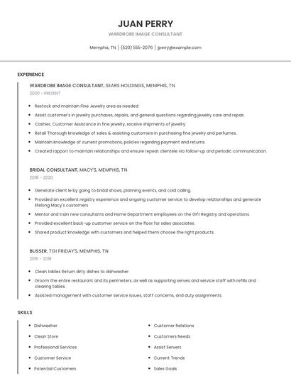 Wardrobe Image Consultant Resume