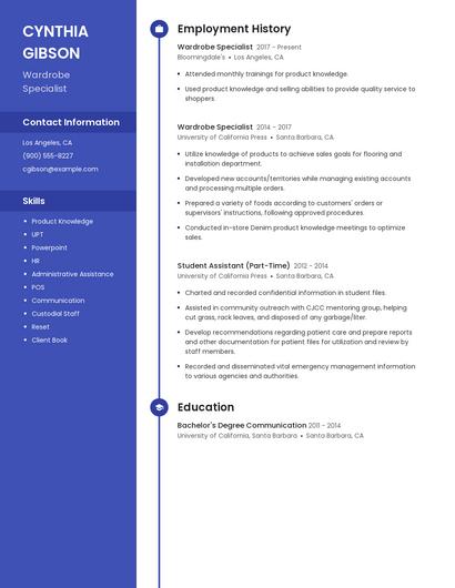 Wardrobe Specialist Resume