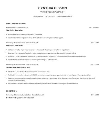 Wardrobe Specialist Resume