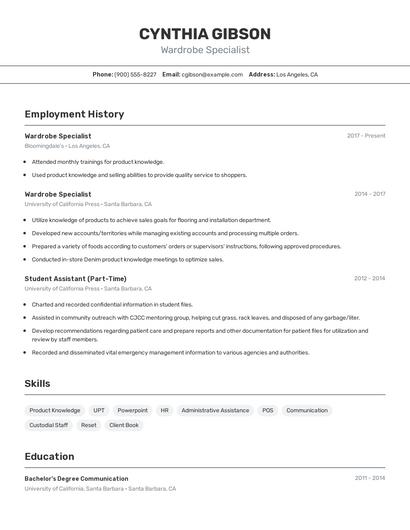 Wardrobe Specialist Resume