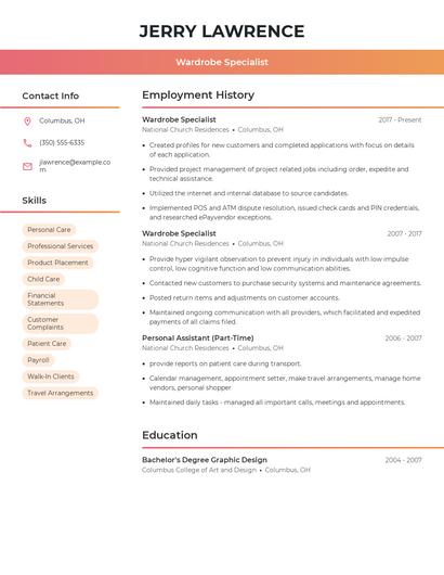 Wardrobe Specialist Resume