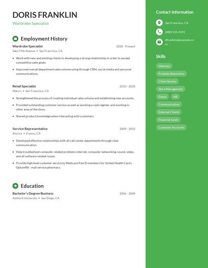 Wardrobe Specialist Resume