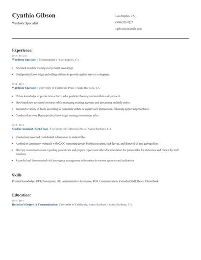 Wardrobe Specialist Resume