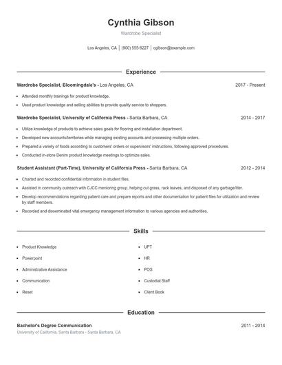 Wardrobe Specialist Resume
