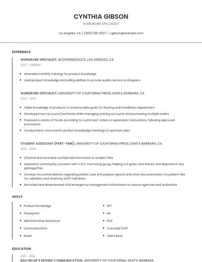 Wardrobe Specialist Resume