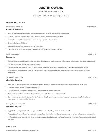 Wardrobe Supervisor Resume