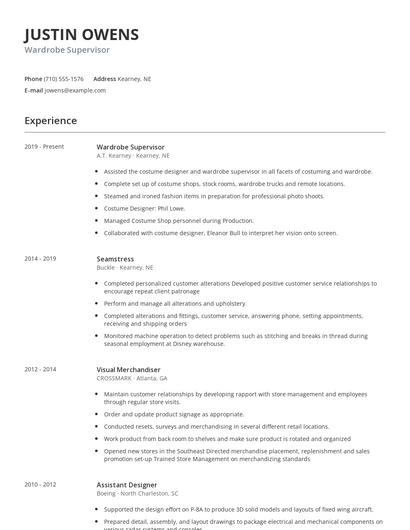 Wardrobe Supervisor Resume