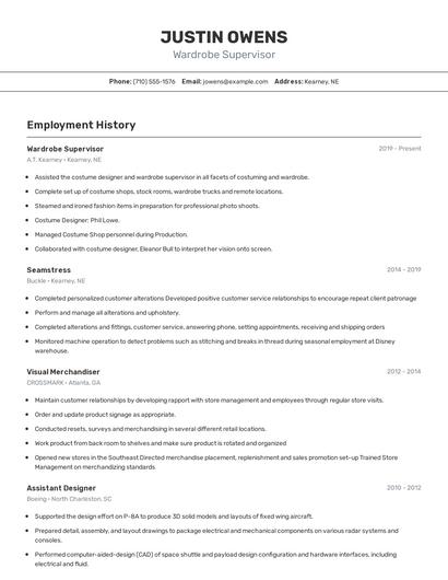 Wardrobe Supervisor Resume